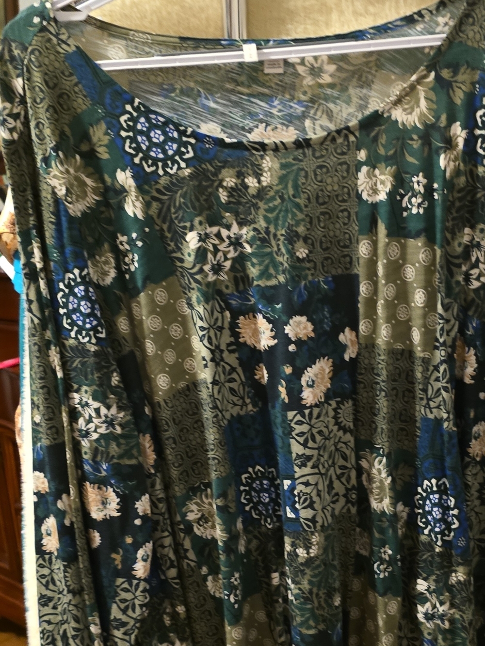 Cato Patchwork Floral A-Line Skirt in Green, Navy and Cream
